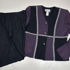 Vtg D.J. Summers Women 2Pc Jacket & Pants Set Black Purple Lace Line Sz 10 USA